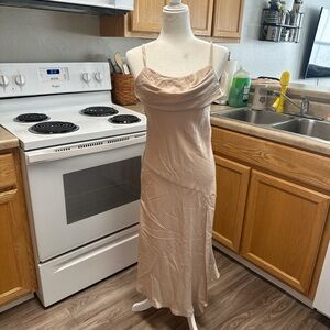 Chic Beige Spaghetti Strap Midi Dress